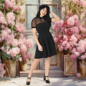 Unique Vintage Fit & Flare Midi Dress Short Sleeve Mesh Collared Modest Black